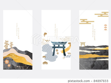 Abstract landscape with Japanese wave pattern vector. Nature art background with Mountain forest invitation card template in vintage style. Asian traditional icon and symbol design. 84897833