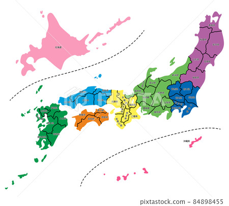 Simple map of Japan, color-coded by prefecture, - Stock