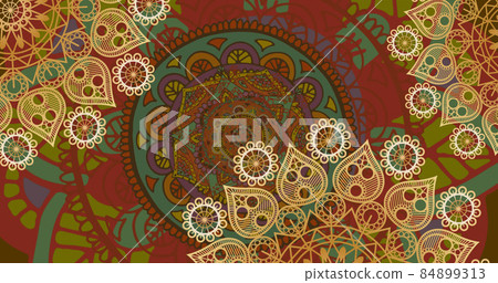 Image of spinning wheels with pattern on red pattern background Image of spinning wheels with pattern on red pattern background 84899313