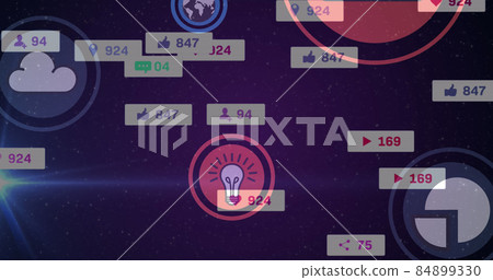 Image of social media icons and numbers over purple background 84899330