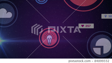 Image of social media icons and numbers over purple background Image of social media icons and numbers over purple background 84899332