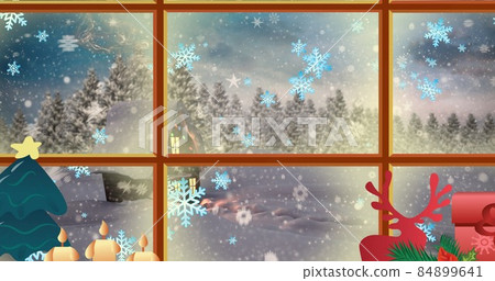 Vector image of snowflakes and house seen through window, copy space 84899641