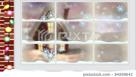 Composite image of snowflakes and house seen through window, copy space Composite image of snowflakes and house seen through window, copy space 84899642