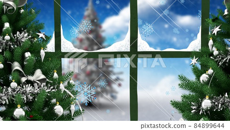 Digital composite image of decorated christmas tree at window in winter, copy space Digital composite image of decorated christmas tree at window in winter, copy space 84899644
