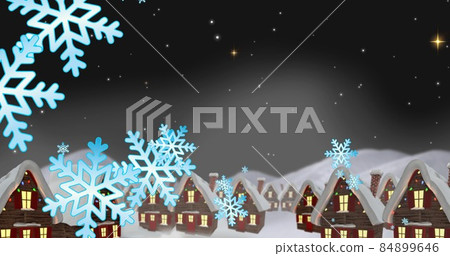 Composition of snowflakes and snow covered houses against star field at night, copy space Composition of snowflakes and snow covered houses against star field at night, copy space 84899646