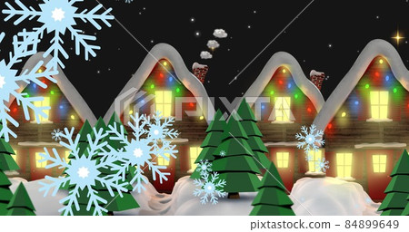 Composition of snowflakes and snow covered illuminated houses at night, copy space Composition of snowflakes and snow covered illuminated houses at night, copy space 84899649