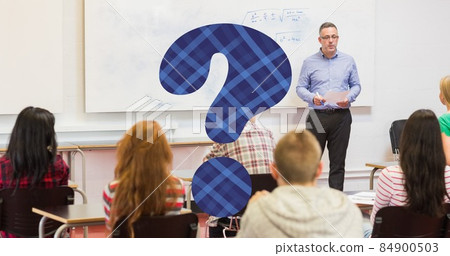 Digital composite of checked pattern question mark over professor teaching college students 84900503