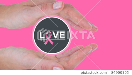 Composite image of woman with love text and breast cancer awareness slogan on pink background 84900505