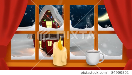 Vector image of candle and coffee cup on window sill with snow covered house in background Vector image of candle and coffee cup on window sill with snow covered house in background 84900801