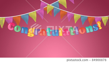 Colorful congratulations text and buntings with copy space against pink background Colorful congratulations text and buntings with copy space against pink background 84900878