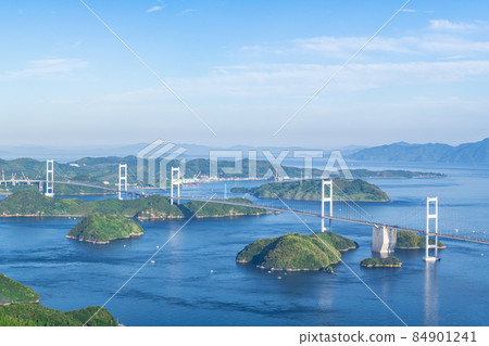Imabari City, Ehime Prefecture, the clear sky of the Seto Inland Sea and the Kurushima Kaikyo Bridge seen from Kirosan Observatory Park Imabari City, Ehime Prefecture, the clear sky of the Seto Inland Sea and the Kurushima Kaikyo Bridge seen from Kirosan Observatory Park 84901241