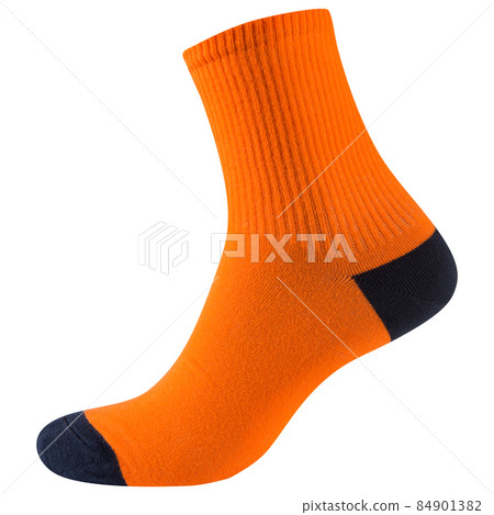 orange long sock with black heel and toe, with massage effect, on white background orange long sock with black heel and toe, with massage effect, on white background 84901382