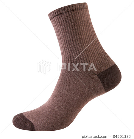 brown long sock with dark brown heels and toe, on white background 84901383