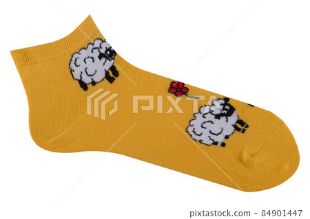 yellow flat socks, with a pattern of lambs, on a white background yellow flat socks, with a pattern of lambs, on a white background 84901447
