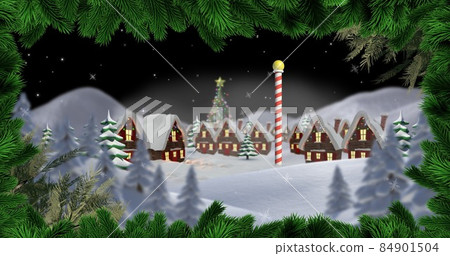 Composition of snow covered houses at night during christmas seen through pine needles, copy space 84901504