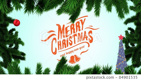 Vector image of christmas and new year greeting with decoration and pine needles on green background 84901535