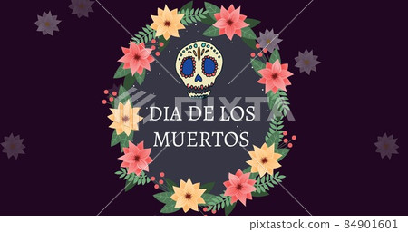 Dia de los muertos text with skull and funeral wreath against black background, copy space 84901601