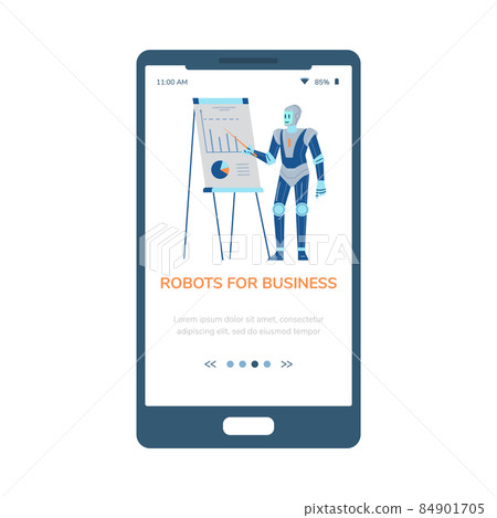 Robots for business onboarding mobile page template, flat vector illustration. Robots for business onboarding mobile page template, flat vector illustration. 84901705