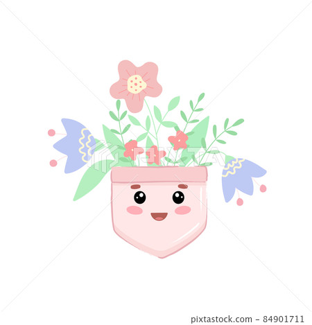 Hand drawn cute kawaii pocket with flowers. Cartoon face for T-shirt design and childrens print Hand drawn cute kawaii pocket with flowers. Cartoon face for T-shirt design and childrens print 84901711