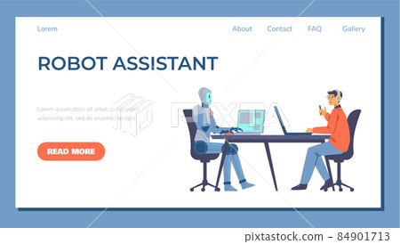 Futuristic robot with laptop assists man in the office, landing page template - flat vector illustration. Futuristic robot with laptop assists man in the office, landing page template - flat vector illustration. 84901713