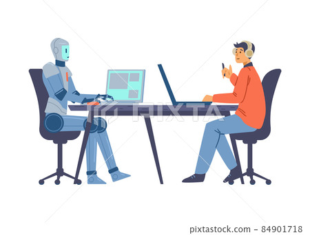 Smart businessman robot works with employer in office on laptop in flat vector Smart businessman robot works with employer in office on laptop in flat vector 84901718