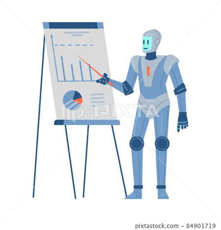 Robot makes presentation explaining graphs, flat vector illustration isolated. Robot makes presentation explaining graphs, flat vector illustration isolated. 84901719
