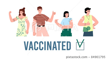 Vaccinated happy people group flat cartoon vector illustration isolated on white. Vaccinated happy people group flat cartoon vector illustration isolated on white. 84901795