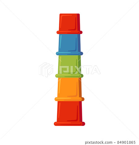 Multicolored children pyramid with plastic cup. Baby multicolored sorters. Montessori education logic toy for early childhood development. Vector illustration isolated on white background 84901865
