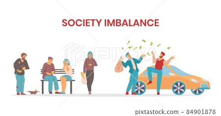 Rich woman in luxury clothes with shopping bags and poor woman who lacks money on food, flat vector illustration isolated on white background. Social gap and inequality. Rich woman in luxury clothes with shopping bags and poor woman who lacks money on food, flat vector illustration isolated on white background. Social gap and inequality. 84901878