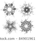 Set of four black snowflakes on a white background. Abstract computer generated fractal image of a snowflake. Illustration, isolate. Use as a stamp or brush 84901961