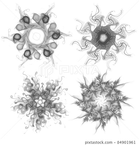 Set of four black snowflakes on a white background. Abstract computer generated fractal image of a snowflake. Illustration, isolate. Use as a stamp or brush Set of four black snowflakes on a white background. Abstract computer generated fractal image of a snowflake. Illustration, isolate. Use as a stamp or brush 84901961