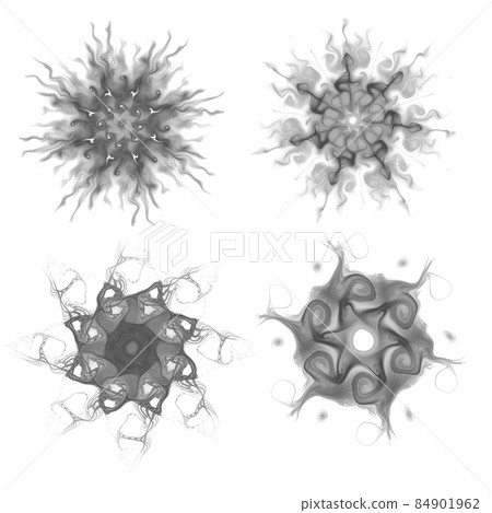 Set of four black snowflakes on a white background. Abstract computer generated fractal image of a snowflake. Illustration, isolate. Use as a stamp or brush Set of four black snowflakes on a white background. Abstract computer generated fractal image of a snowflake. Illustration, isolate. Use as a stamp or brush 84901962