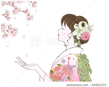 小櫻和閉著眼睛穿著側身和服的女人 84902255