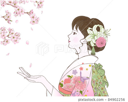 側身和服的女人和小櫻 84902256