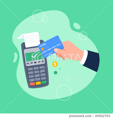 Accepting payment at POS terminal. Contactless payment by card, EMV chip payment method concept. Vector flat illustration. Accepting payment at POS terminal. Contactless payment by card, EMV chip payment method concept. Vector flat illustration. 84902593