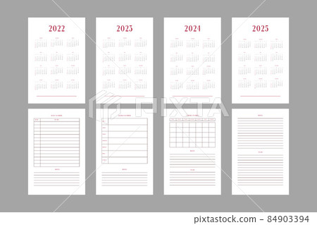 2022 2023 2024 2025 calendar and daily weekly monthly personal planner diary template. Monthly calendar individual schedule minimalist design for business notebook. Week starts on sunday 84903394