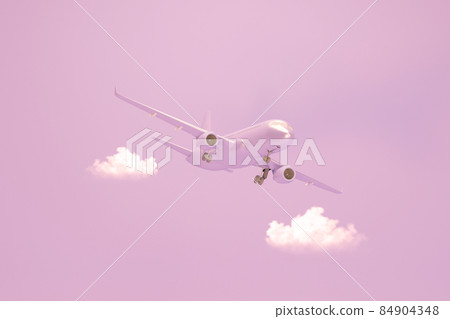 Pastel pink plane flying in the sky with clouds. Plane take off and pastel background. Minimal idea concept. Airline concept travel plane passengers. Jet commercial aircraft. 3d render	 84904348