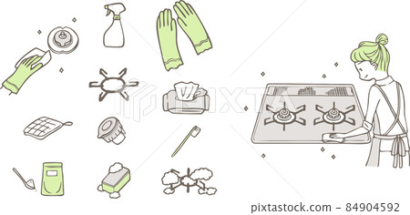 一位女士正在清潔爐灶和與清潔爐灶有關的配件 84904592