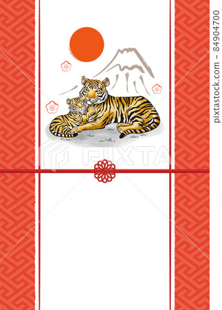 2022 Tiger year Japanese style New Year's card of sumi-e tiger and Mt. Fuji [red] No characters 84904700