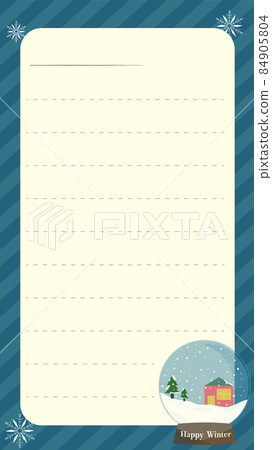 Stationery frame with snow globe illustration, blue striped background, 9:16 ratio 84905804