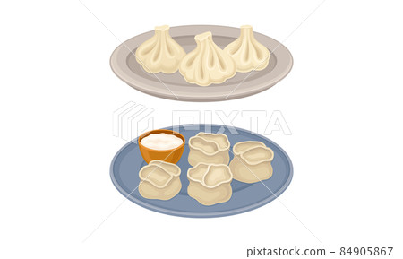 Set of dumplings on plates. Khinkali and manti, dough stuffed with meat or vegetables vector illustration Set of dumplings on plates. Khinkali and manti, dough stuffed with meat or vegetables vector illustration 84905867