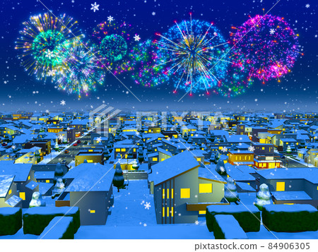Cityscape Residential area Night view Snowscape Fireworks 84906305