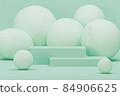 Sport equipment background. Several balls for soccer, American football and tennis, golf. Set of sport items on pastel blue and green scene. Trendy 3d render for fitness, lifting in the gym. 84906625