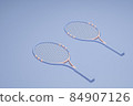 Tennis racket with balls on pastel blue and coral background. Trendy 3d render for fitness. Minimal composition for sport and healthy concept. 84907126