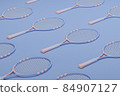 Tennis racket with balls on pastel blue and coral background. Trendy 3d render for fitness. Minimal composition for sport and healthy concept. 84907127