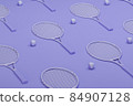 Tennis racket with balls on pastel purple and coral background. Trendy 3d render for fitness. Minimal composition for sport and healthy concept. 84907128