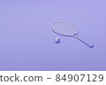 Tennis racket with balls on pastel purple and coral background. Trendy 3d render for fitness. Minimal composition for sport and healthy concept. 84907129