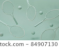 Tennis racket with balls on pastel blue and white background. Trendy 3d render for fitness. Minimal composition for sport and healthy concept. 84907130