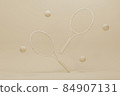 Tennis racket with balls on pastel cream and beige background. Trendy 3d render for fitness. Minimal composition for sport and healthy concept. 84907131