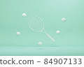 Tennis racket with balls on pastel blue and white background. Trendy 3d render for fitness. Minimal composition for sport and healthy concept. 84907133